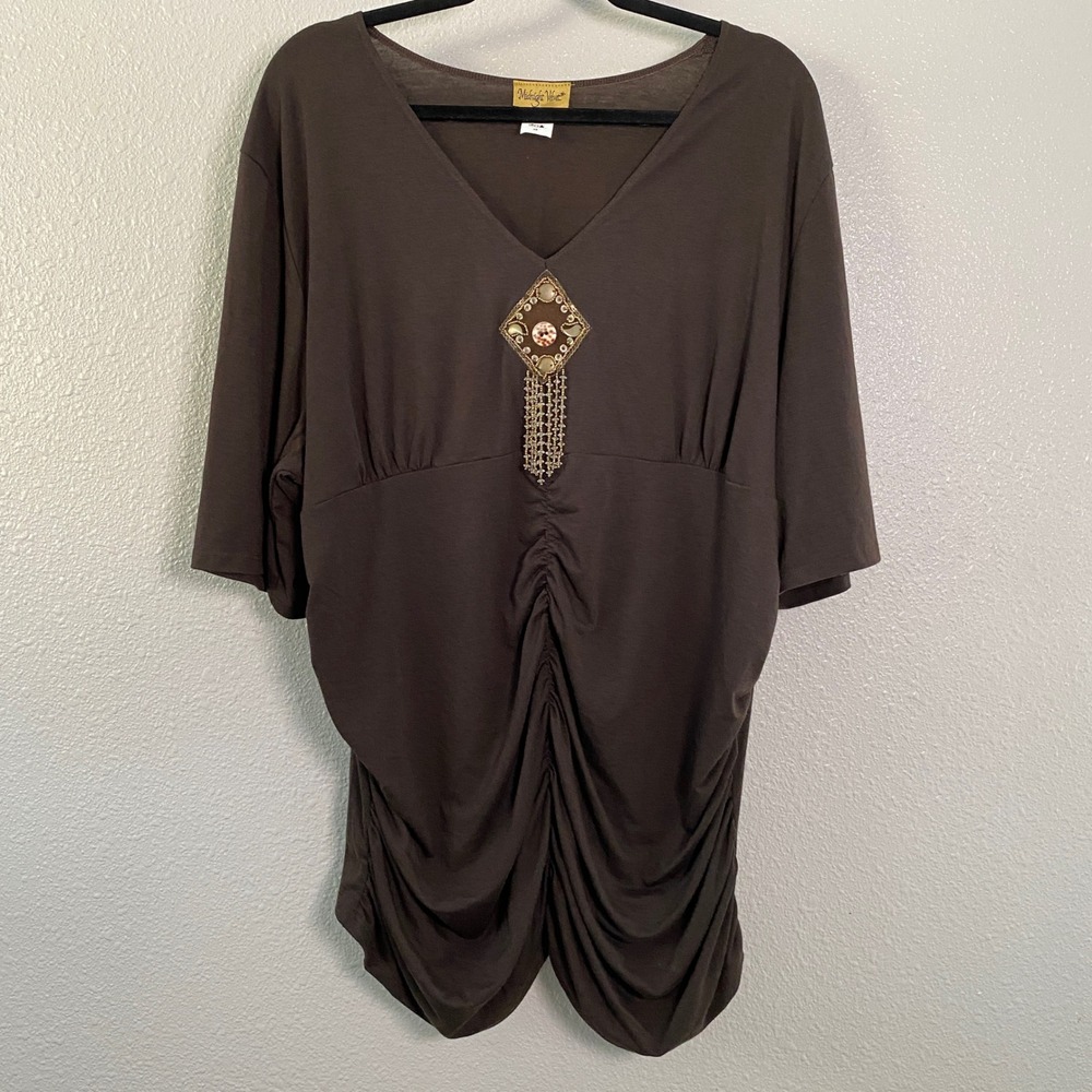 Brown Boho Top 2X Forest Fairy Western Bohemian Hippie Draped Beaded Artsy